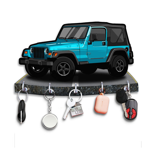 "Bold Blue Jeep: Engineered Wood Key Holder with Adventure Theme"
