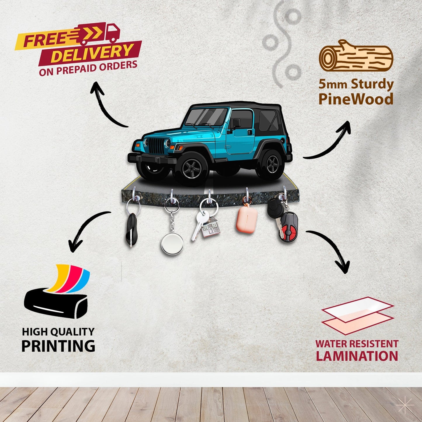 "Bold Blue Jeep: Engineered Wood Key Holder with Adventure Theme"
