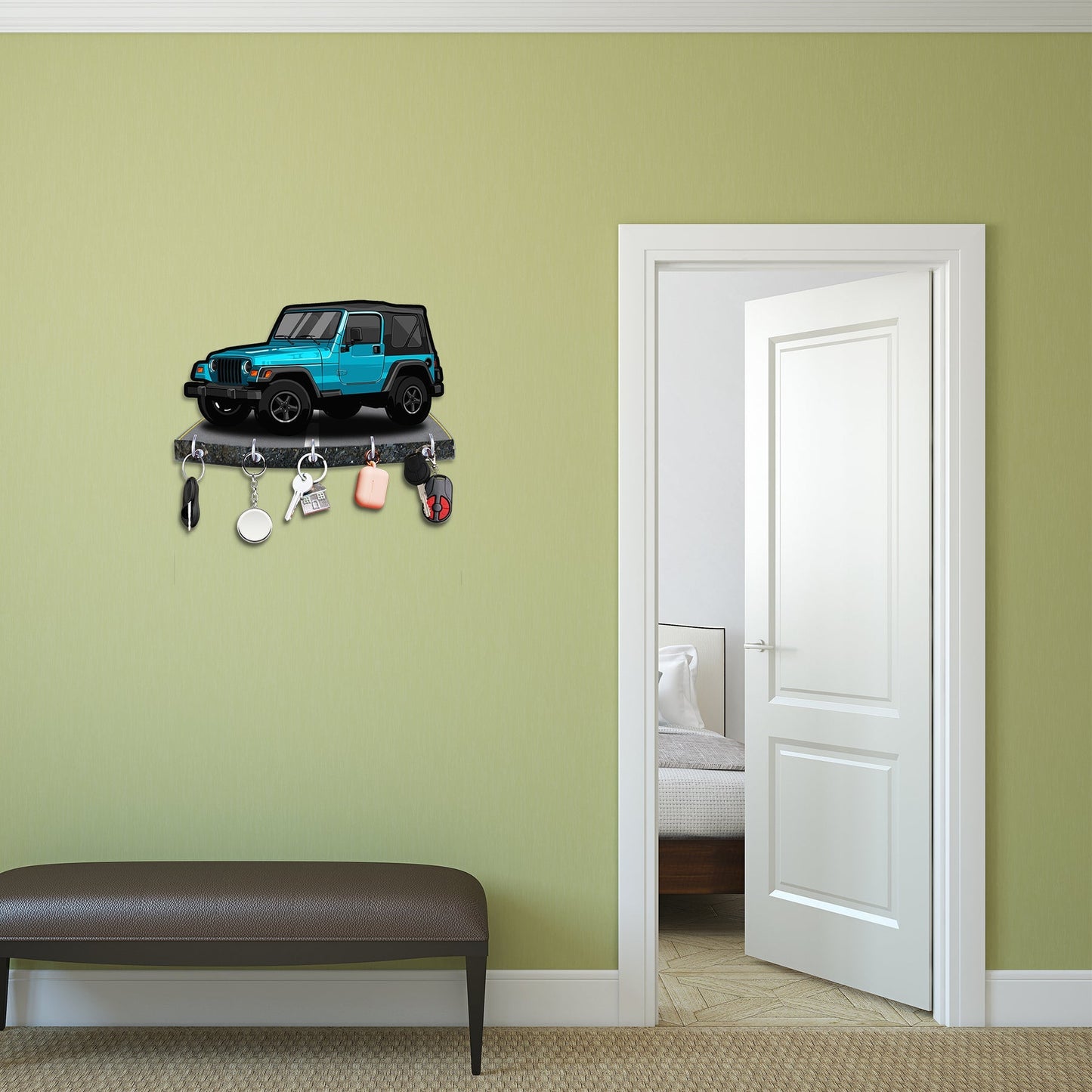 "Bold Blue Jeep: Engineered Wood Key Holder with Adventure Theme"