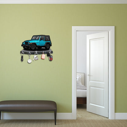 "Bold Blue Jeep: Engineered Wood Key Holder with Adventure Theme"