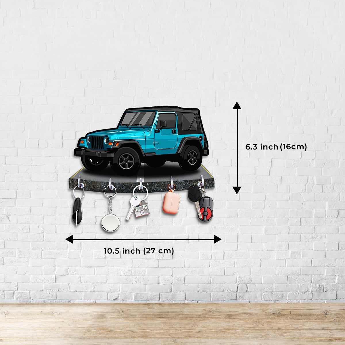 "Bold Blue Jeep: Engineered Wood Key Holder with Adventure Theme"