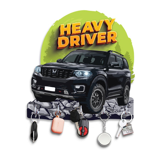 "Heavy Driver: Engineered Wood Key Holder with Rugged SUV Theme"