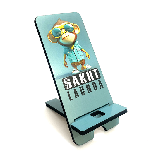 "Cool Monkey 'SAKHT LAUNDA' Wooden Phone Stand – Stylish & Durable Universal Holder"